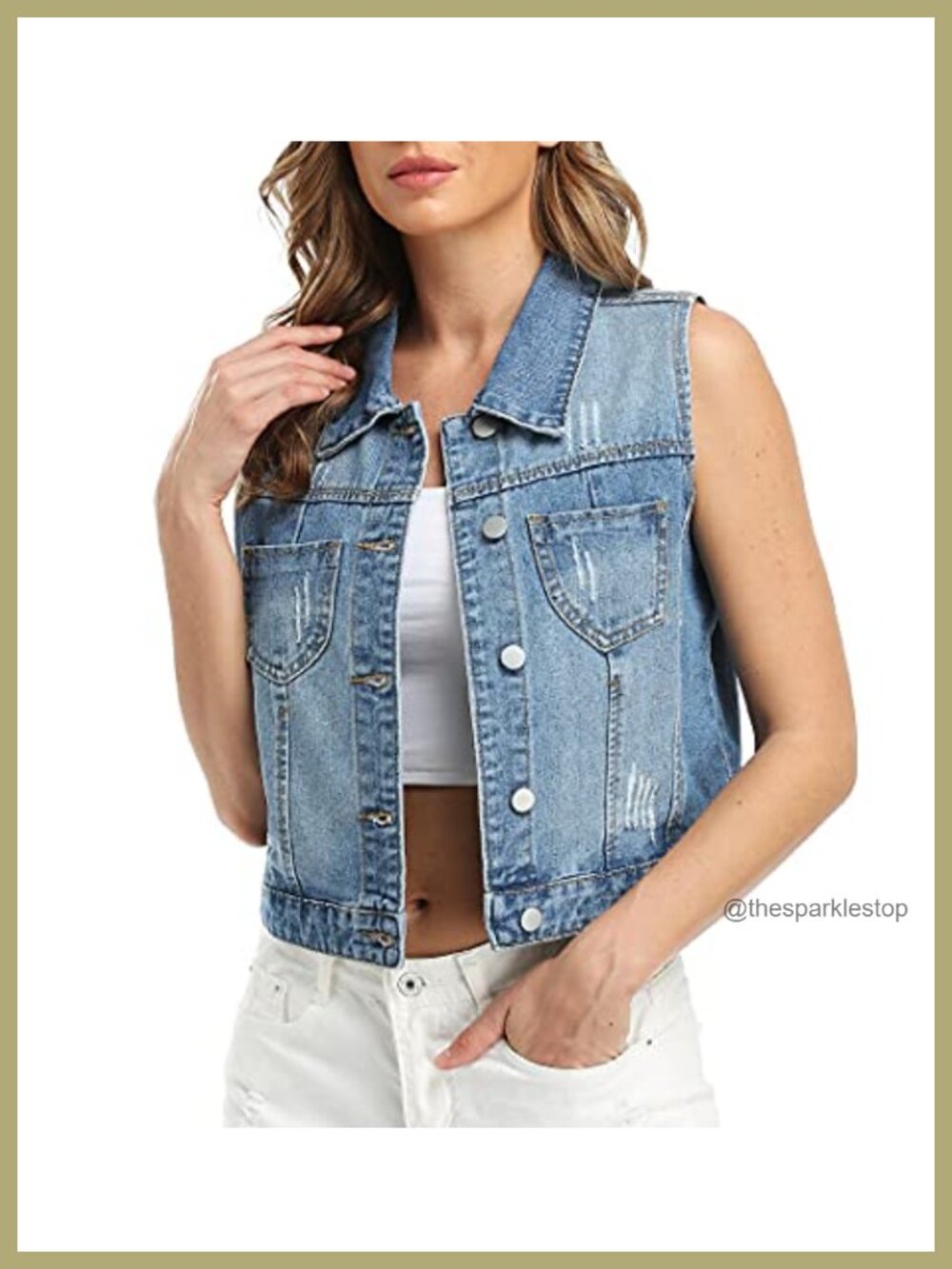 Womens Cropped Denim Vest Distressed Sleeveless Jean Jacket